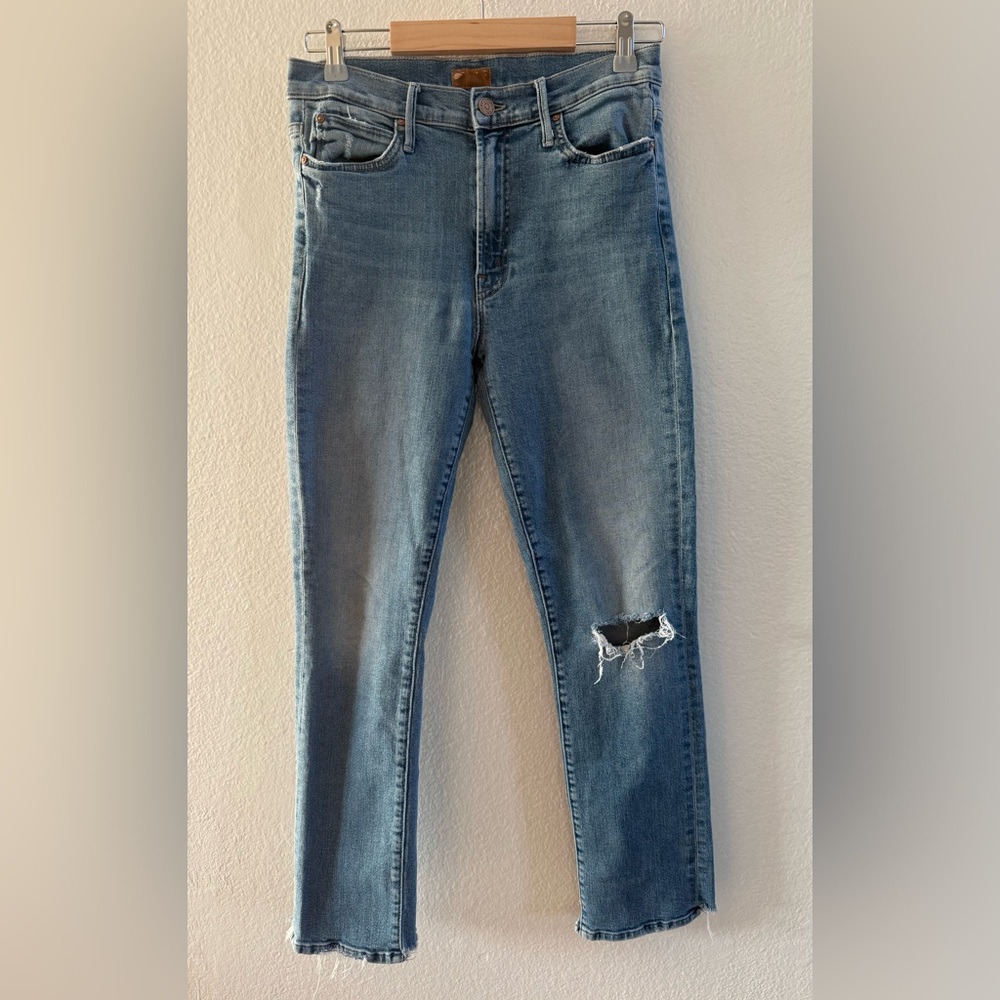 MOTHER Light Blue Cropped Jeans with Distressed Detail